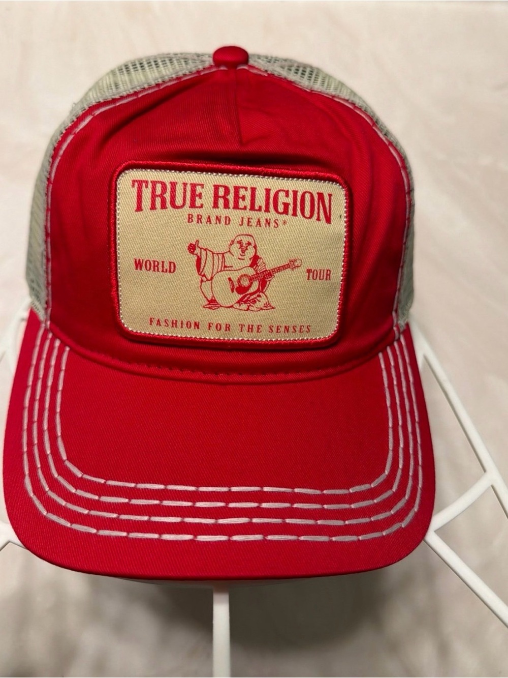 True Religion Red Trucker Hat with Tan Patch